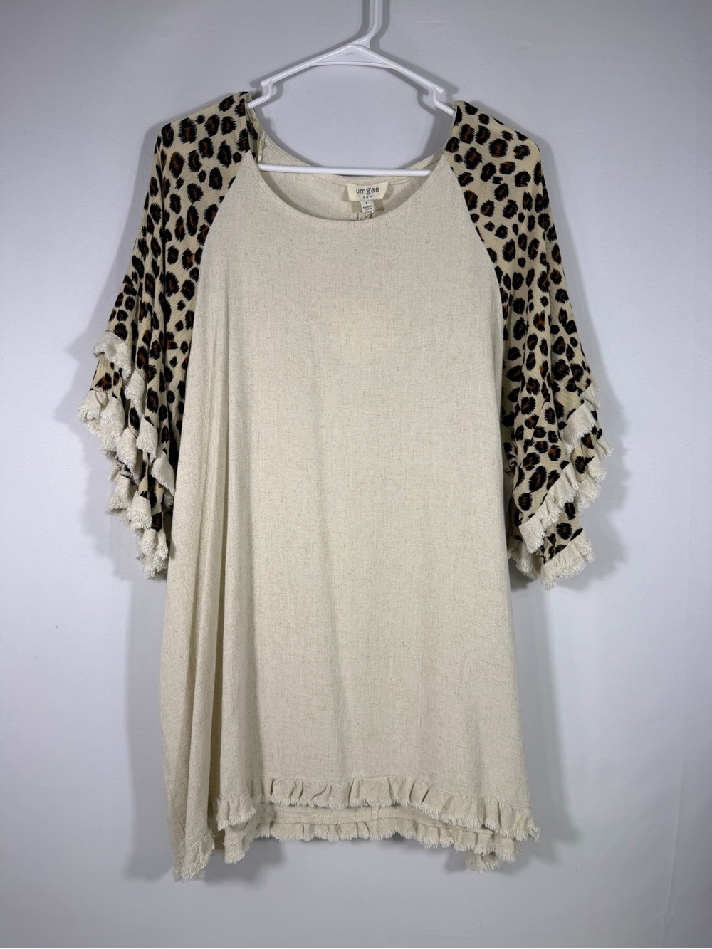 NWT Umgee Leopard Print Linen Blend Boho Fringe Tunic Dress Large
